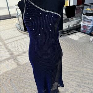 Vintage Tracy Mills One-Shoulder Dress in Deep Blue & Silver Hand Beaded